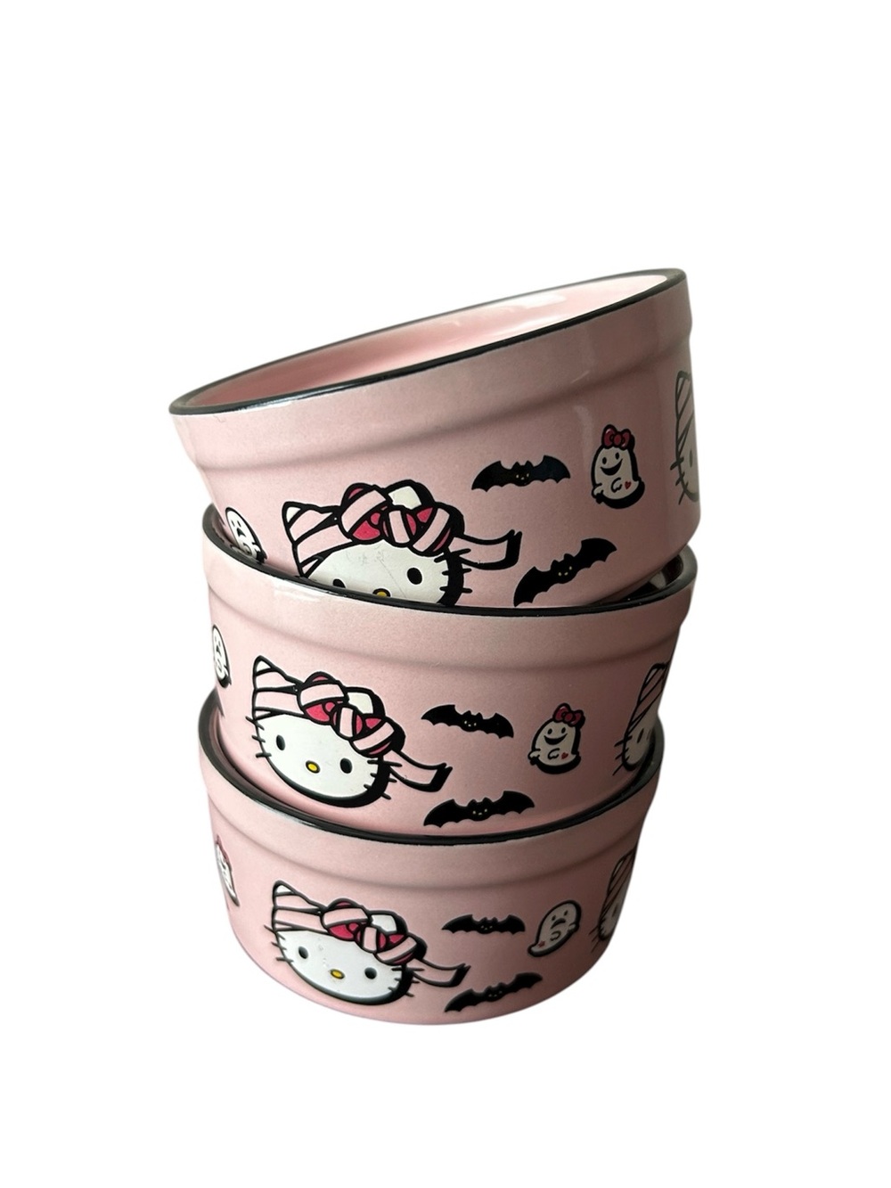 Sanrio Hello Kitty Mummy Pink Black White 3 Ceramic Round Ramekins Bowls / Decor